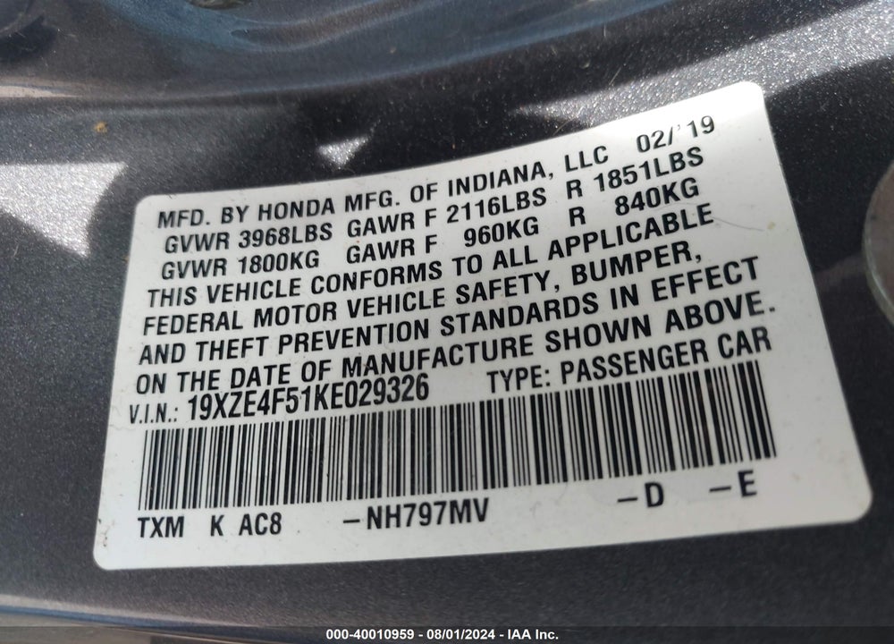 2019 HONDA INSIGHT EX VIN: 19XZE4F51KE029326