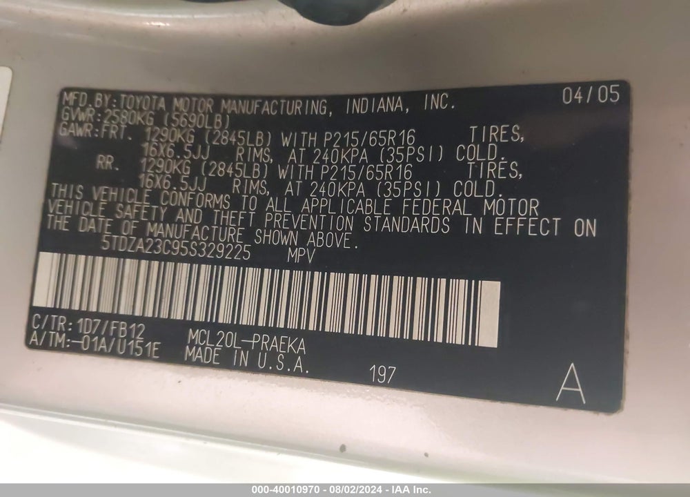 2005 TOYOTA SIENNA LE VIN: 5TDZA23C95S329225