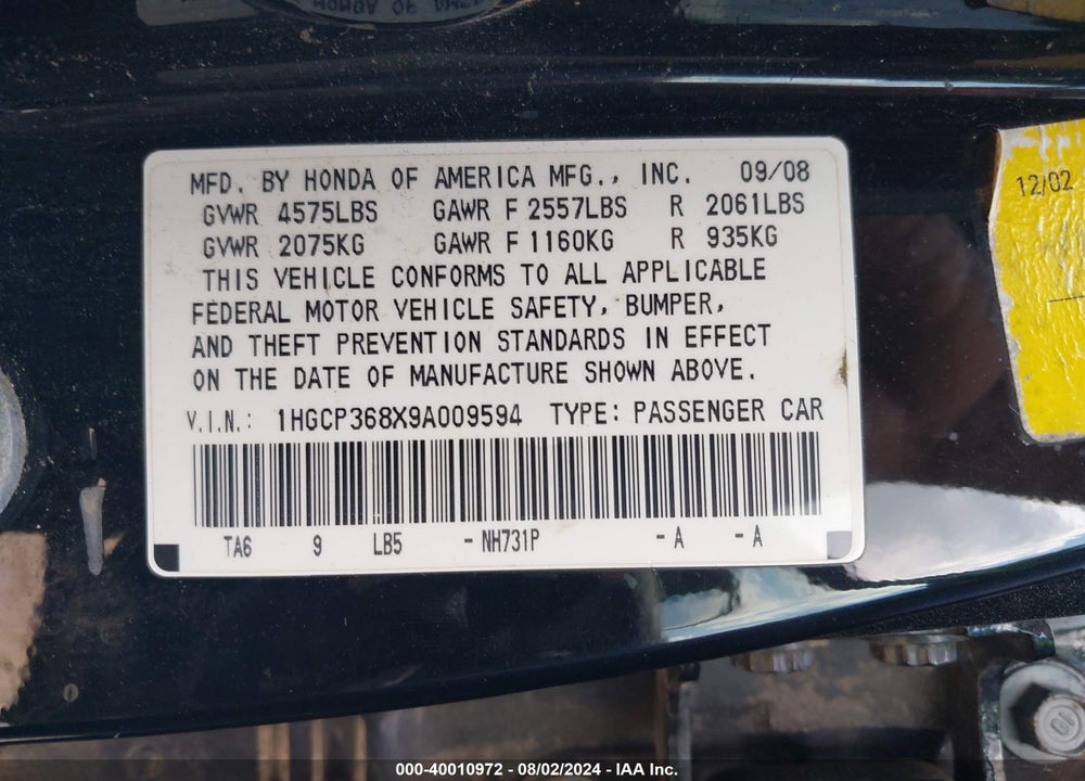 2009 HONDA ACCORD 3.5 EX-L VIN: 1HGCP368X9A009594