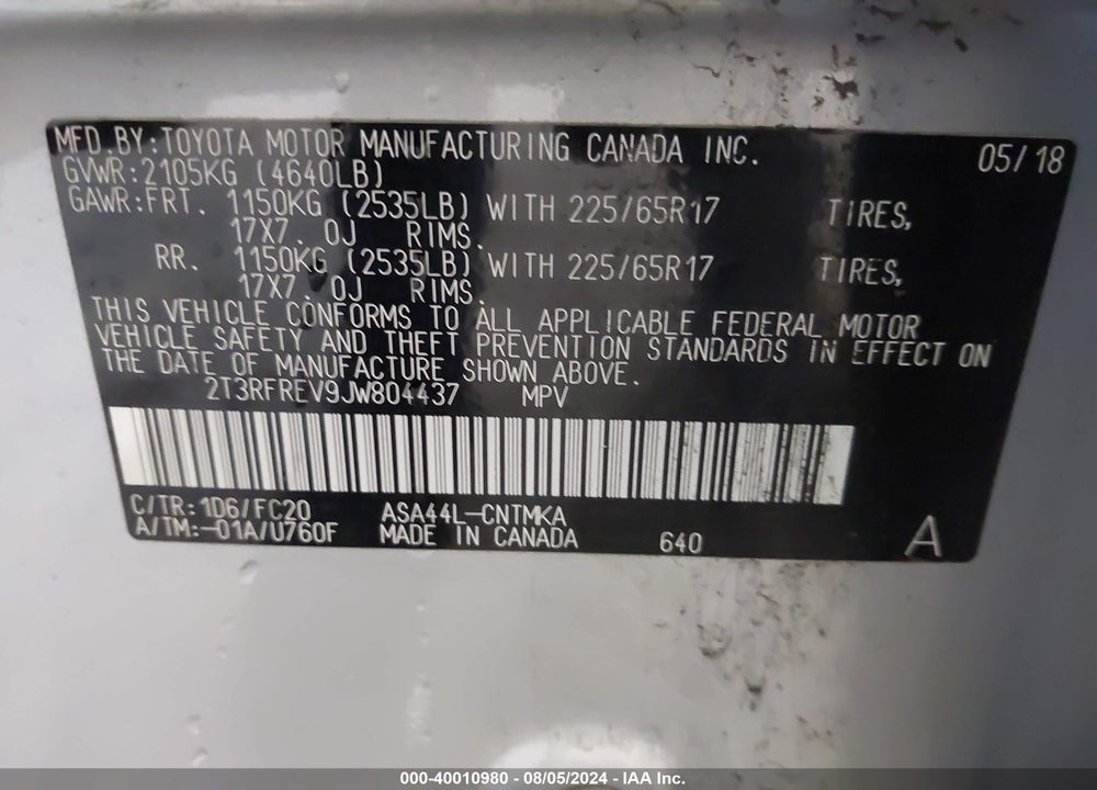 2018 TOYOTA RAV4 XLE VIN: 2T3RFREV9JW804437