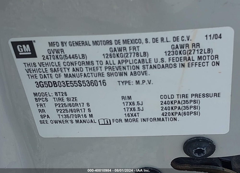 2005 BUICK RENDEZVOUS VIN: 3G5DB03E55S536016