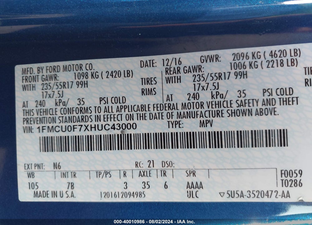 2017 FORD ESCAPE S VIN: 1FMCU0F7XHUC43000