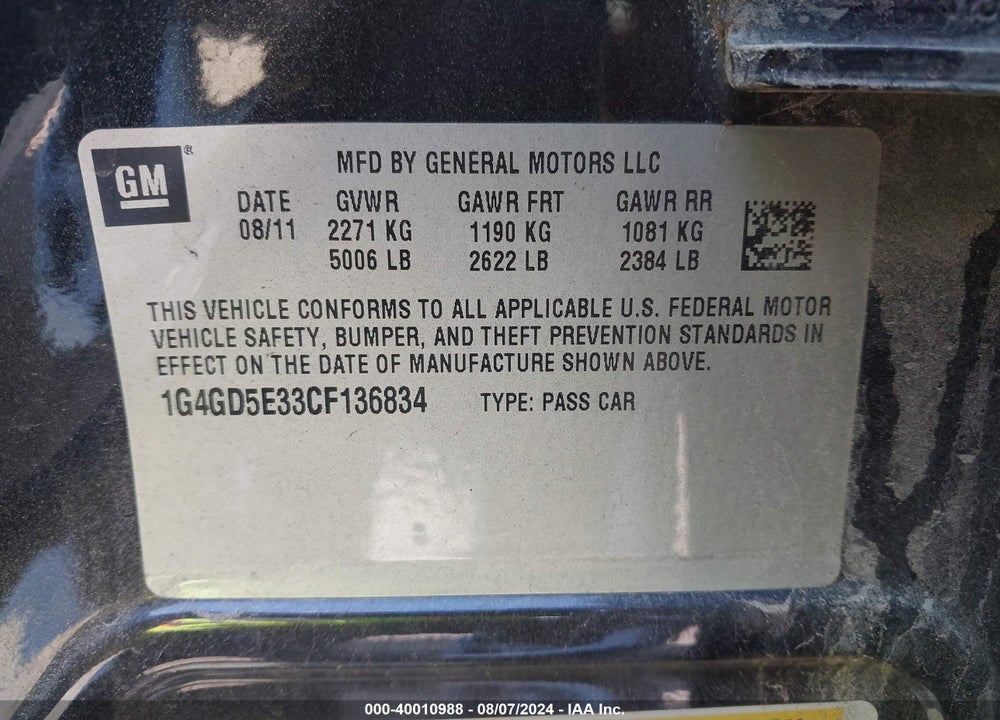 2012 BUICK LACROSSE PREMIUM 1 GROUP VIN: 1G4GD5E33CF136834
