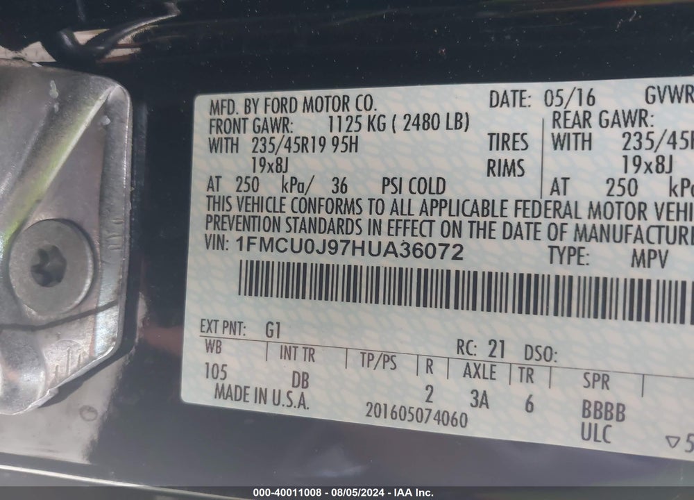 2017 FORD ESCAPE TITANIUM VIN: 1FMCU0J97HUA36072