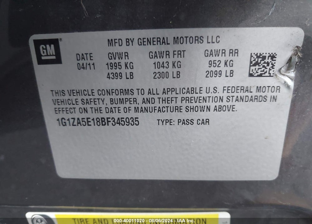 2011 CHEVROLET MALIBU LS VIN: 1G1ZA5E18BF345935