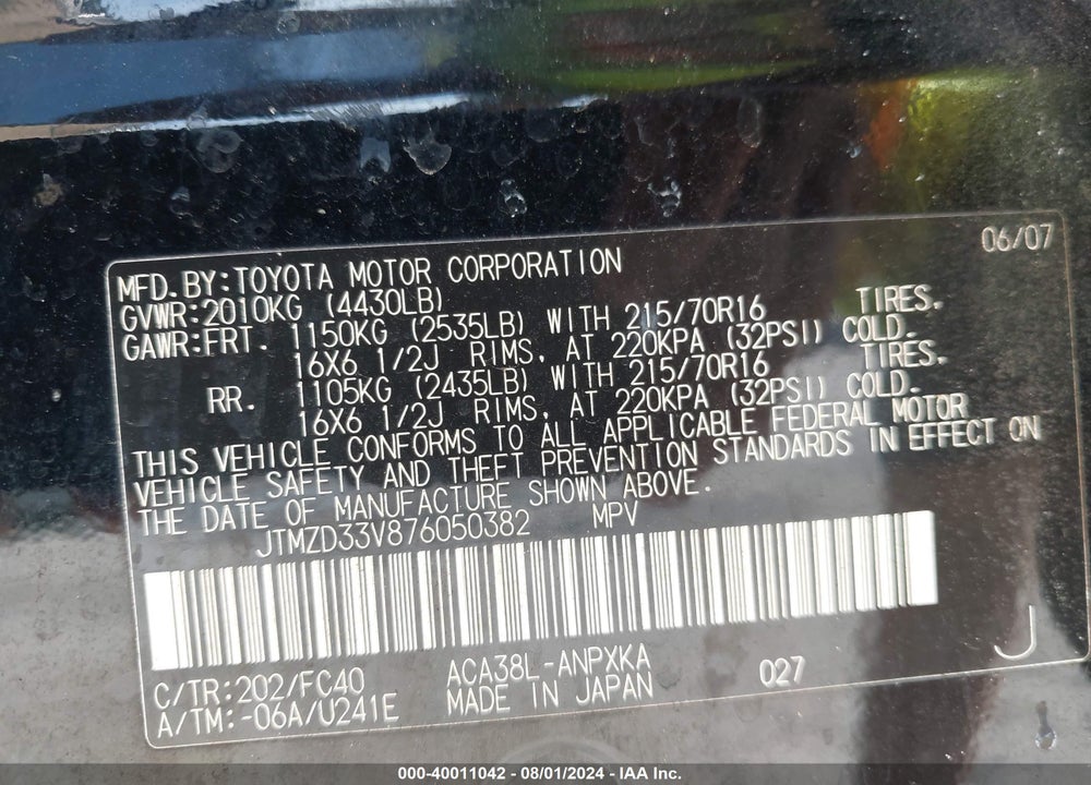 2007 TOYOTA RAV4 VIN: JTMZD33V876050382