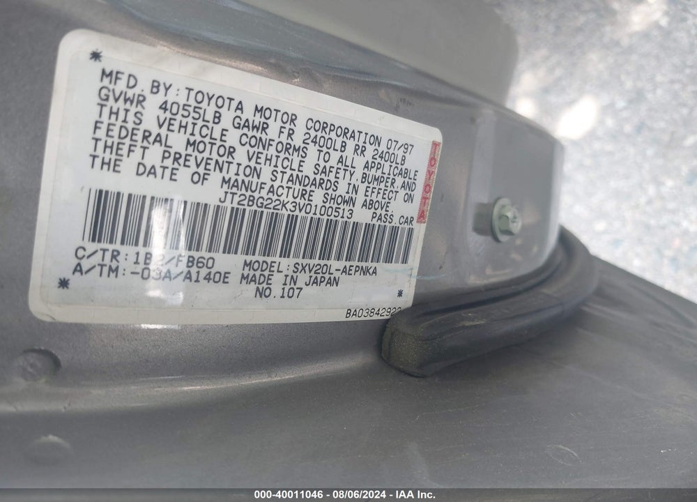 1997 TOYOTA CAMRY LE VIN: JT2BG22K3V0100513