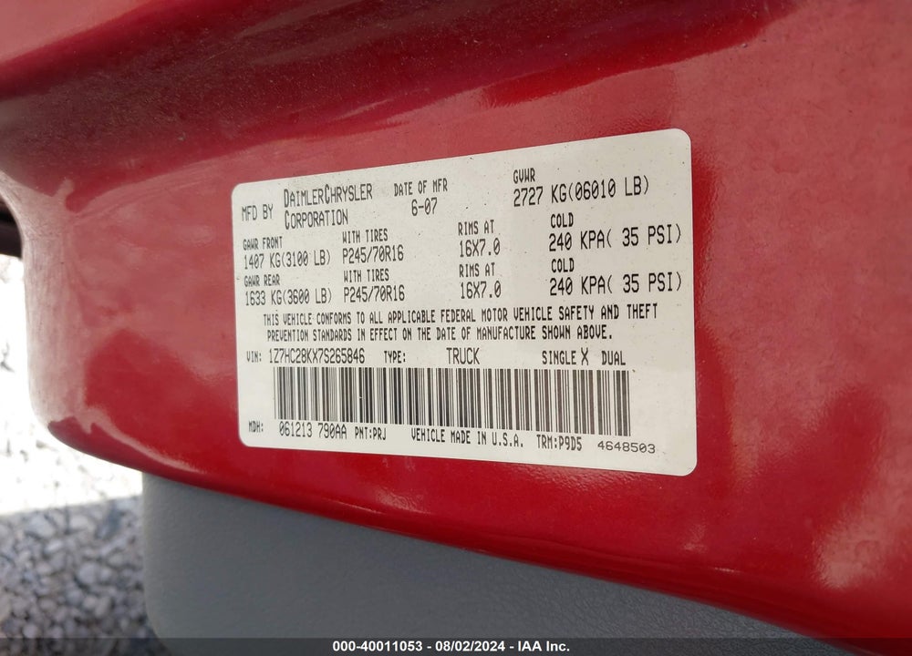 2007 MITSUBISHI RAIDER LS VIN: 1Z7HC28KX7S265846