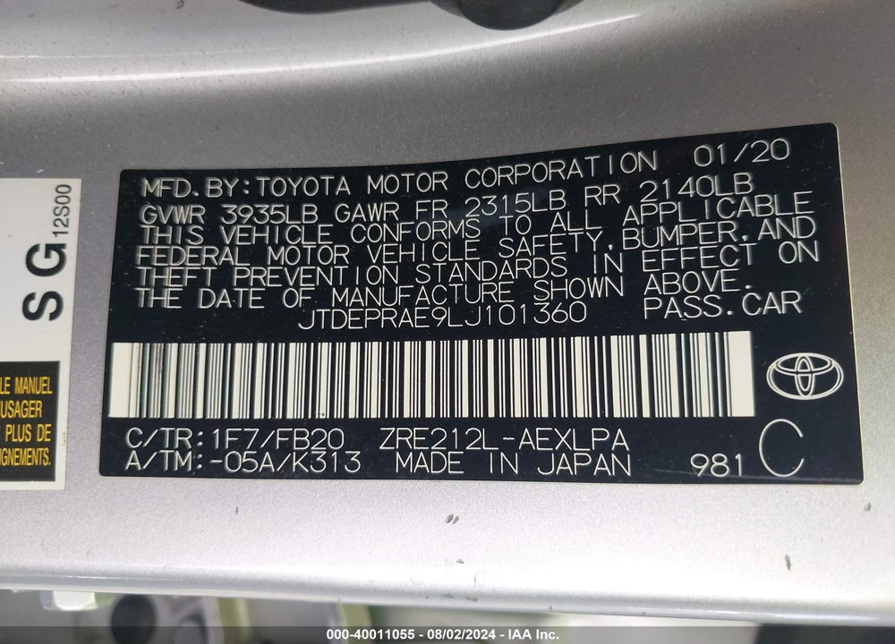 2020 TOYOTA COROLLA LE VIN: JTDEPRAE9LJ101360