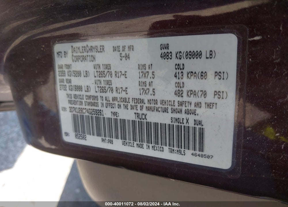 2004 DODGE RAM 2500 SLT/LARAMIE VIN: 3D7KU28C74G259261