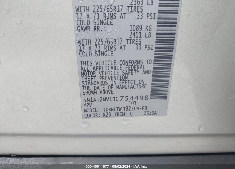 2018 NISSAN ROGUE SV VIN: 5N1AT2MV1JC754498