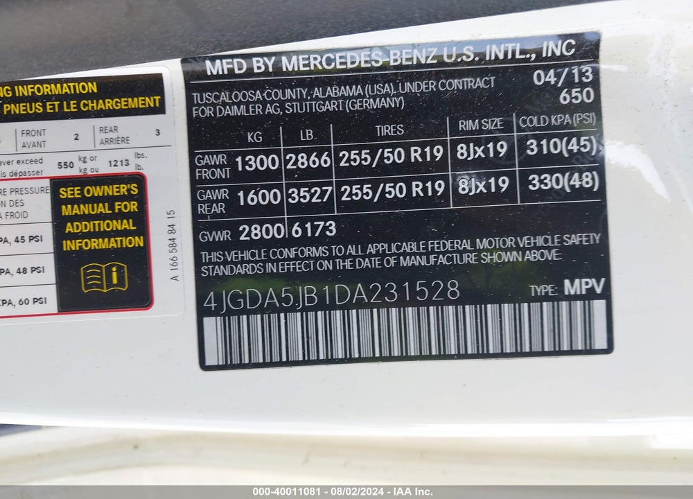 2013 MERCEDES-BENZ ML 350 VIN: 4JGDA5JB1DA231528