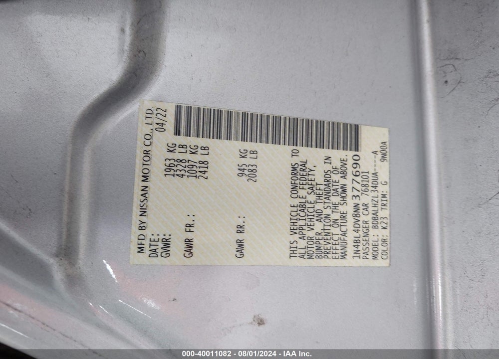 2022 NISSAN ALTIMA SV FWD VIN: 1N4BL4DV8NN377690
