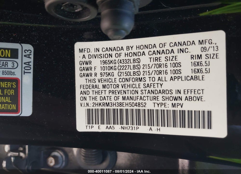 2014 HONDA CR-V LX VIN: 2HKRM3H38EH504852