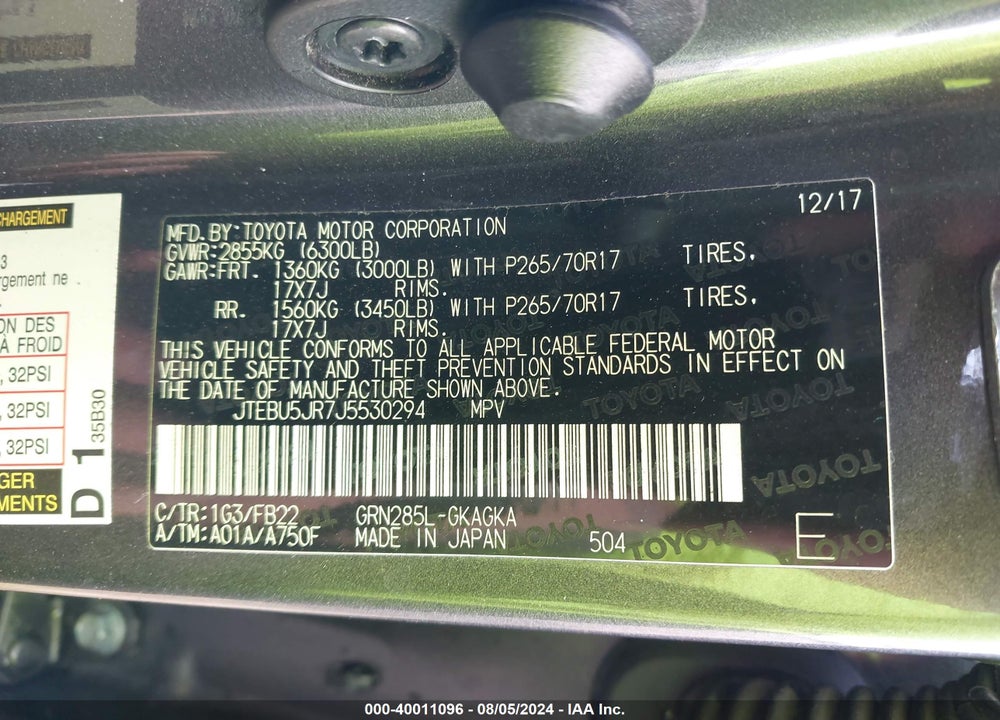 2018 TOYOTA 4RUNNER SR5 VIN: JTEBU5JR7J5530294