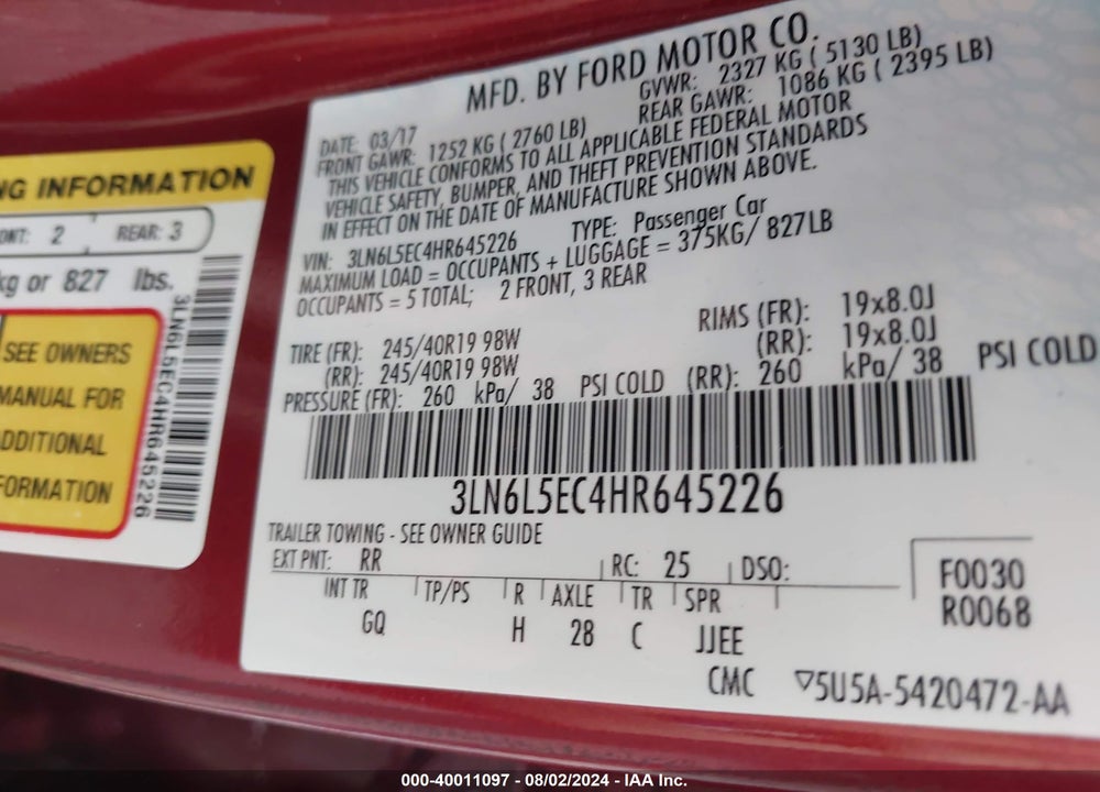 2017 LINCOLN MKZ RESERVE VIN: 3LN6L5EC4HR645226