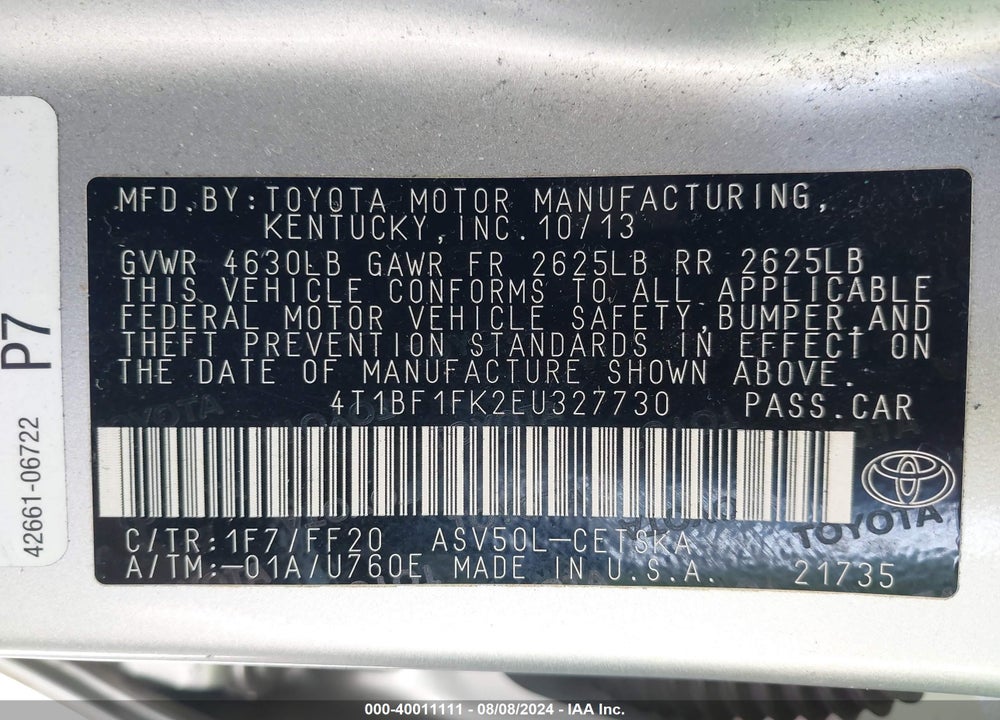 2014 TOYOTA CAMRY VIN: 4T1BF1FK2EU327730