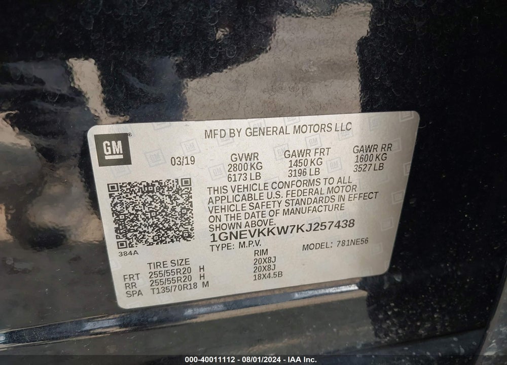 2019 CHEVROLET TRAVERSE PREMIER VIN: 1GNEVKKW7KJ257438
