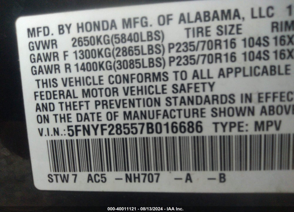 2007 HONDA PILOT EX-L VIN: 5FNYF28557B016686