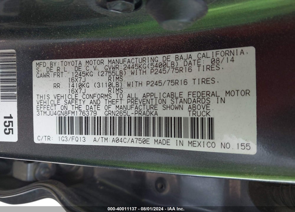 2015 TOYOTA TACOMA PRERUNNER V6 VIN: 3TMJU4GN8FM176379