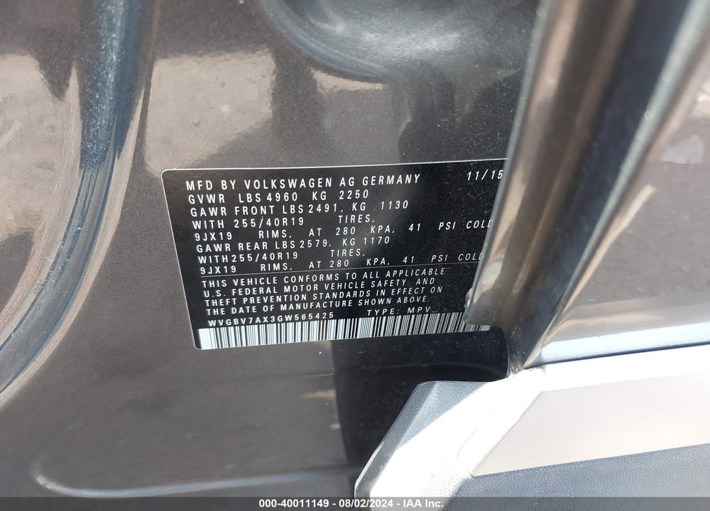2016 VOLKSWAGEN TIGUAN SEL VIN: WVGBV7AX3GW565425