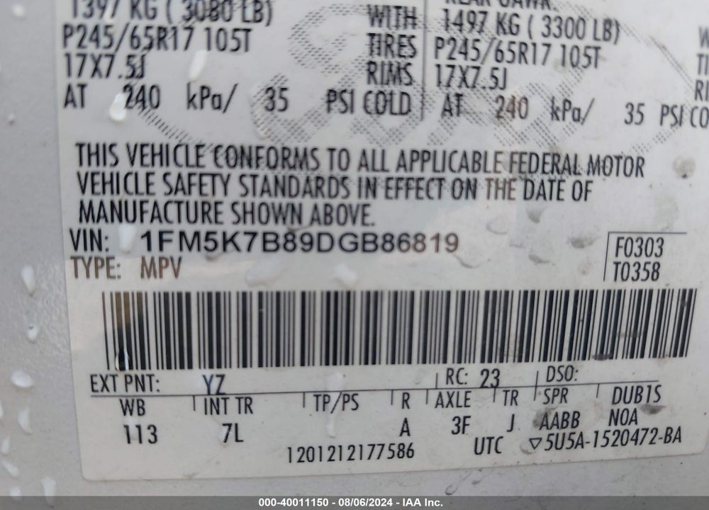 2013 FORD EXPLORER VIN: 1FM5K7B89DGB86819