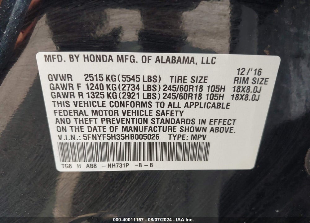 2017 HONDA PILOT EX VIN: 5FNYF5H35HB005026
