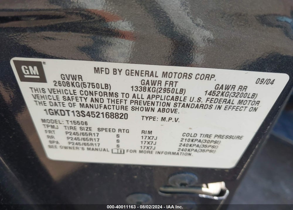 2005 GMC ENVOY SLE VIN: 1GKDT13S452168820