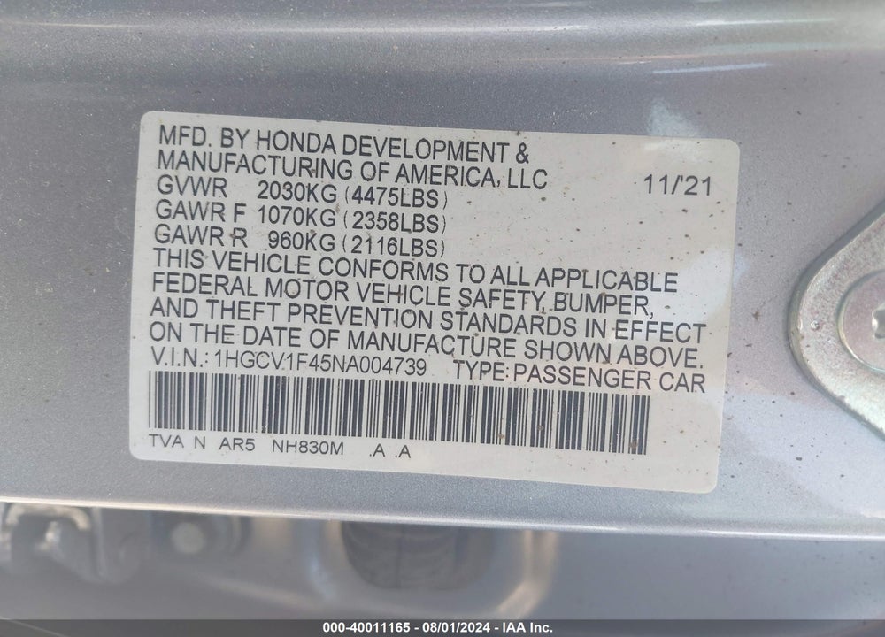 2022 HONDA ACCORD SPORT SPECIAL EDITION VIN: 1HGCV1F45NA004739