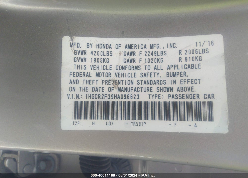 2017 HONDA ACCORD LX VIN: 1HGCR2F39HA096623
