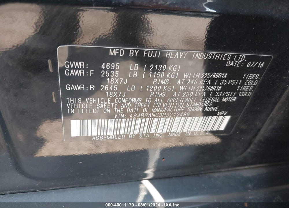 2017 SUBARU OUTBACK 2.5I LIMITED VIN: 4S4BSANC3H3212490