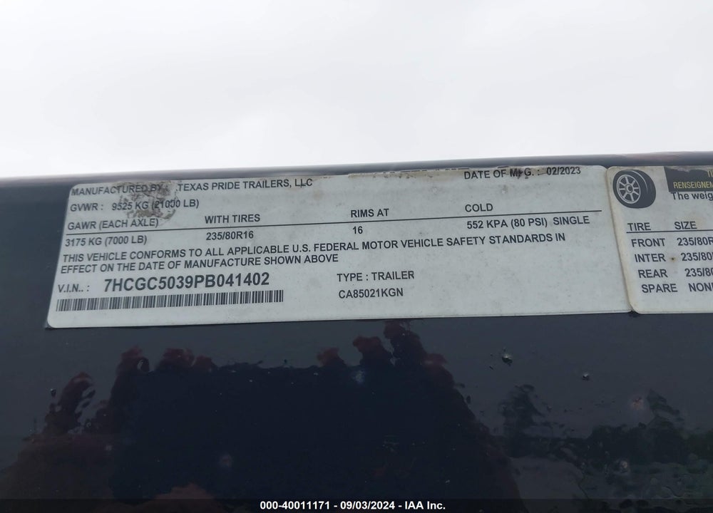 2023 TEXAS PRIDE TRAILERS 3 CAR WEDGE VIN: 7HCGC5039PB041402