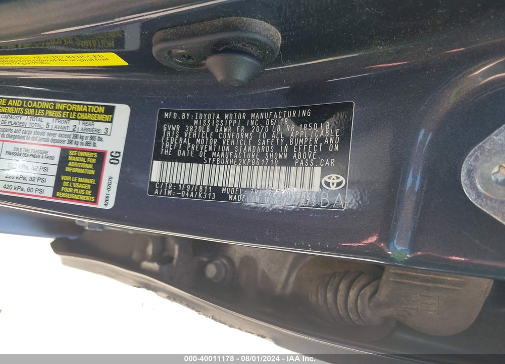 2019 TOYOTA COROLLA LE VIN: 5YFBURHE2KP861710