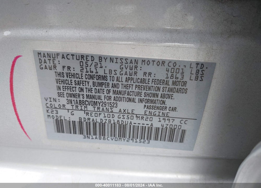 2021 NISSAN SENTRA SV XTRONIC CVT VIN: 3N1AB8CV0MY291523
