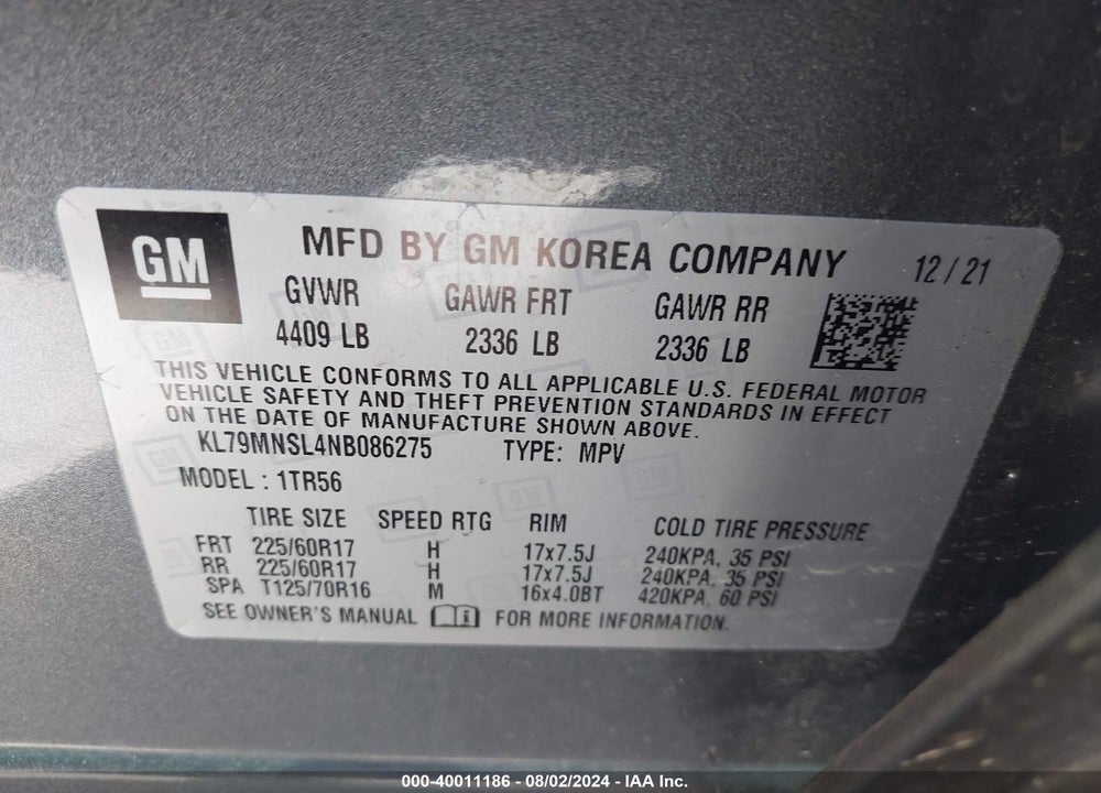 2022 CHEVROLET TRAILBLAZER AWD LS VIN: KL79MNSL4NB086275