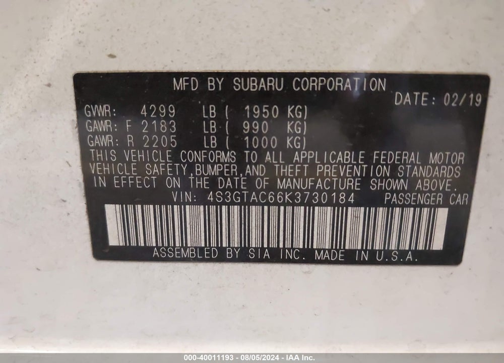 2019 SUBARU IMPREZA 2.0I PREMIUM VIN: 4S3GTAC66K3730184