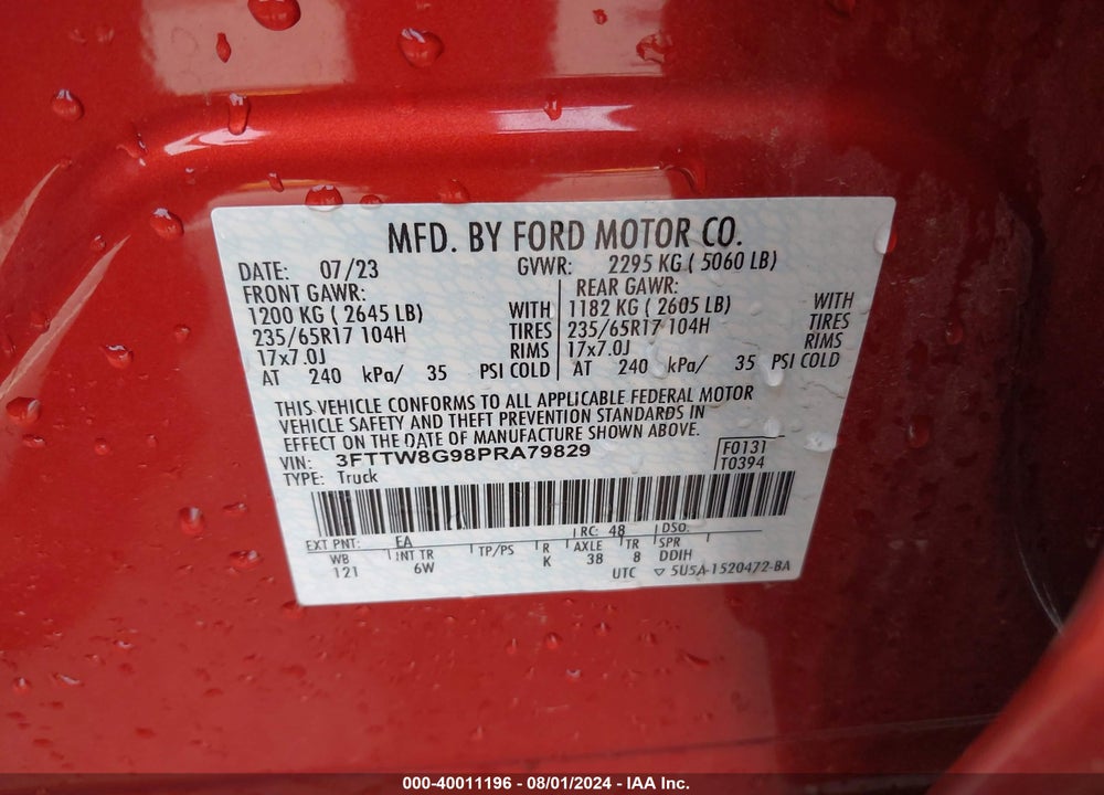 2023 FORD MAVERICK LARIAT VIN: 3FTTW8G98PRA79829