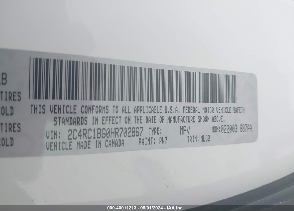2017 CHRYSLER PACIFICA TOURING L VIN: 2C4RC1BG0HR702867