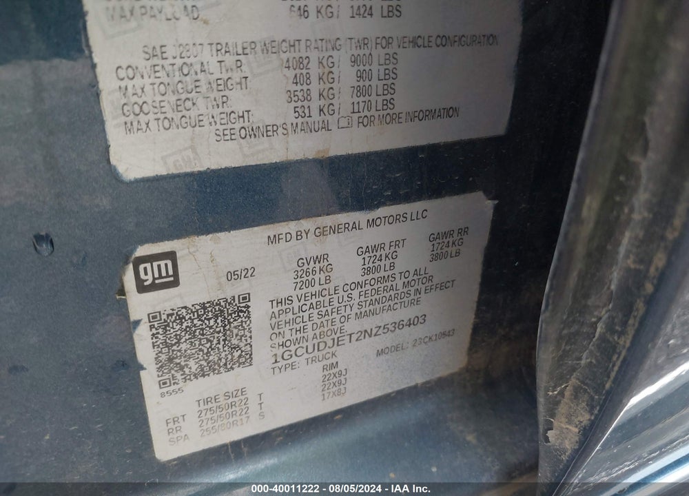 2022 CHEVROLET SILVERADO 1500 4WD SHORT BED HIGH COUNTRY VIN: 1GCUDJET2NZ536403