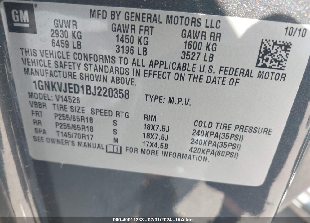 2011 CHEVROLET TRAVERSE 2LT VIN: 1GNKVJED1BJ220358