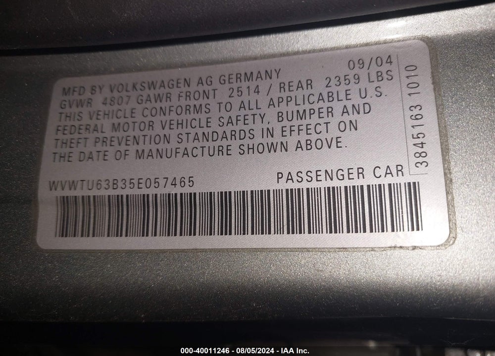 2005 VOLKSWAGEN PASSAT GLX VIN: WVWTU63B35E057465