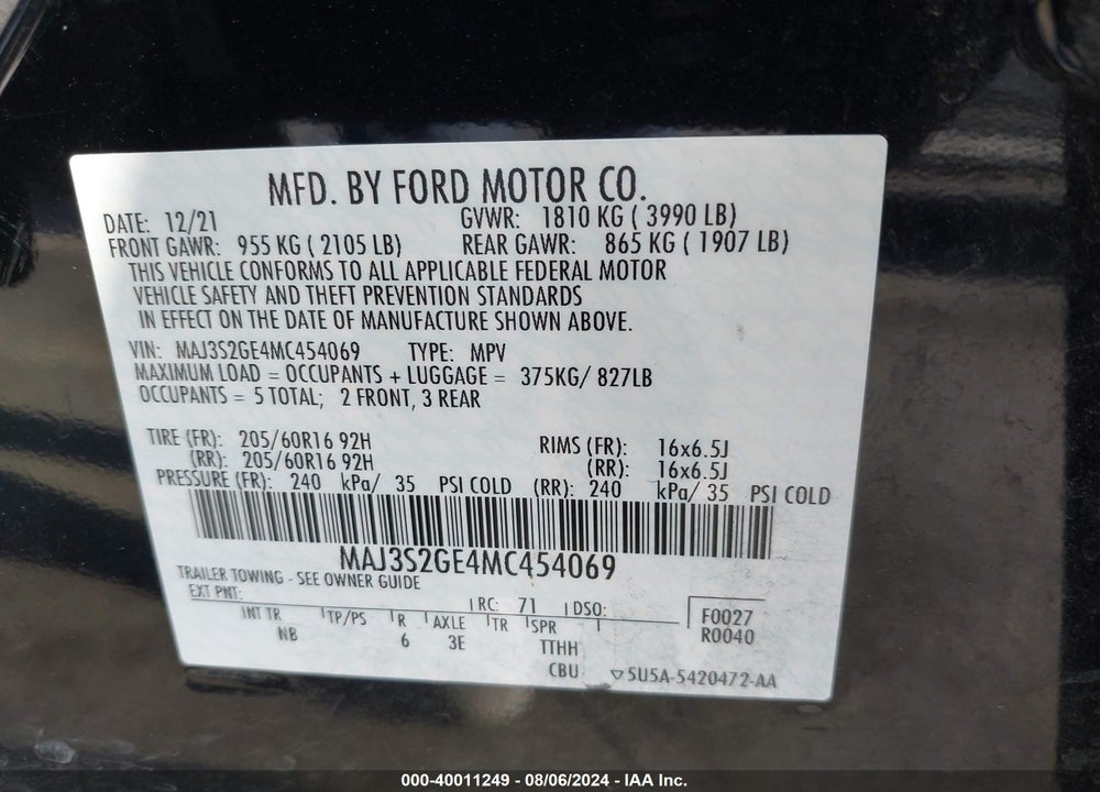 2021 FORD ECOSPORT SE VIN: MAJ3S2GE4MC454069