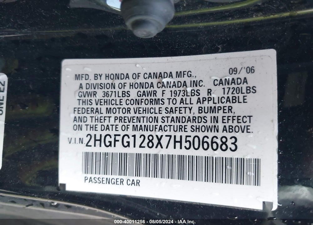 2007 HONDA CIVIC EX VIN: 2HGFG128X7H506683