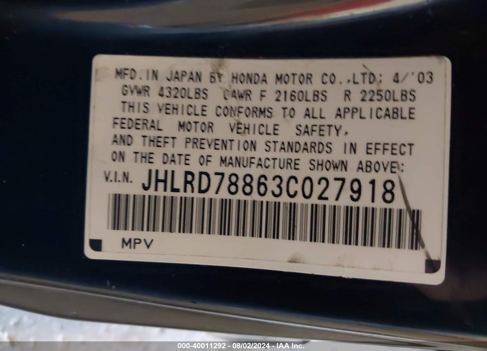 2003 HONDA CR-V EX VIN: JHLRD78863C027918