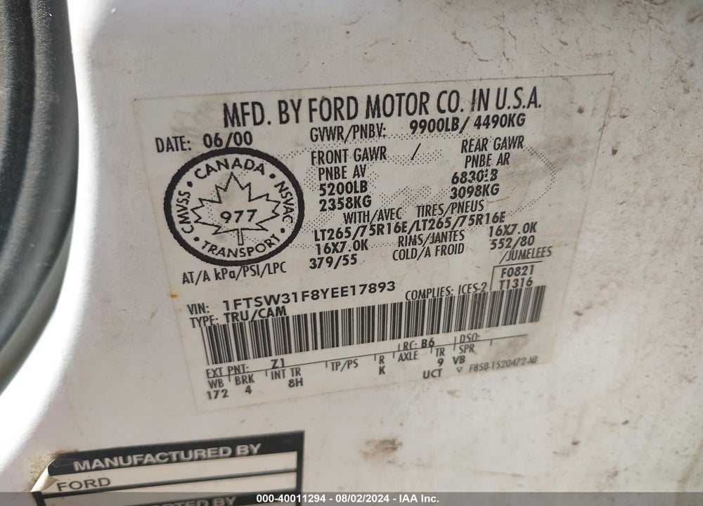 2000 FORD F-350 LARIAT/XL/XLT VIN: 1FTSW31F8YEE17893