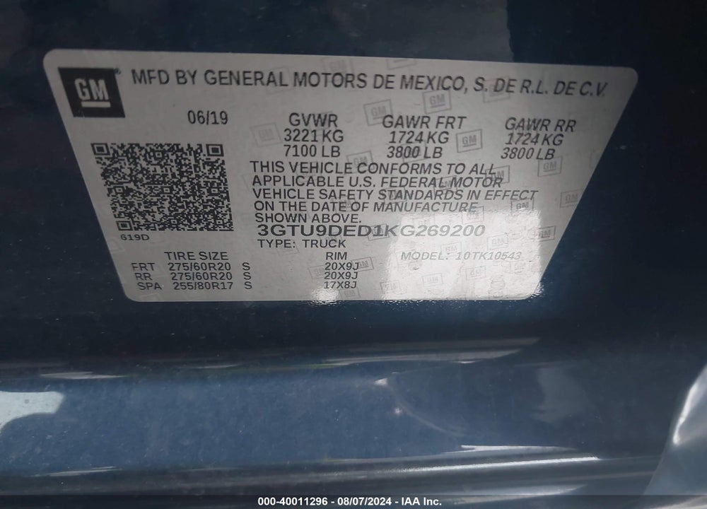 2019 GMC SIERRA 1500 SLT VIN: 3GTU9DED1KG269200
