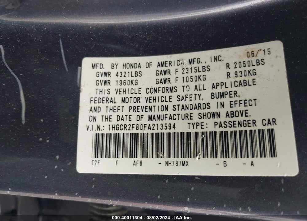 2015 HONDA ACCORD EX-L VIN: 1HGCR2F80FA213594