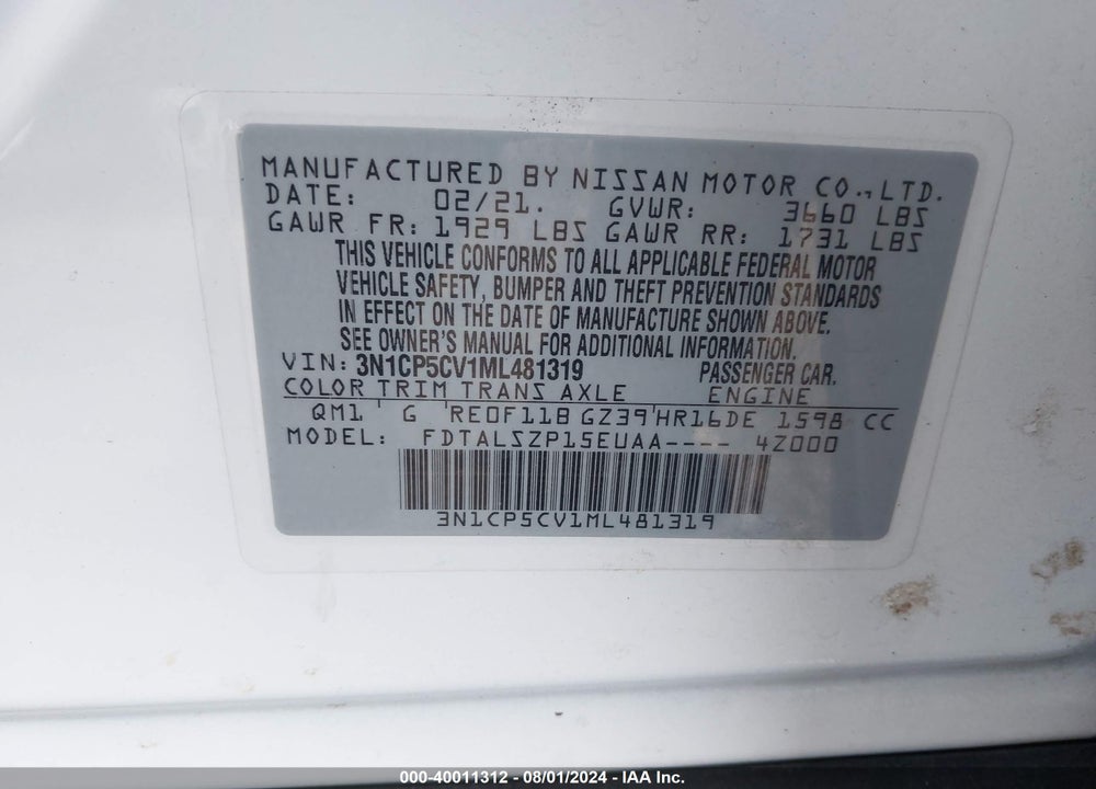 2021 NISSAN KICKS SV XTRONIC CVT VIN: 3N1CP5CV1ML481319