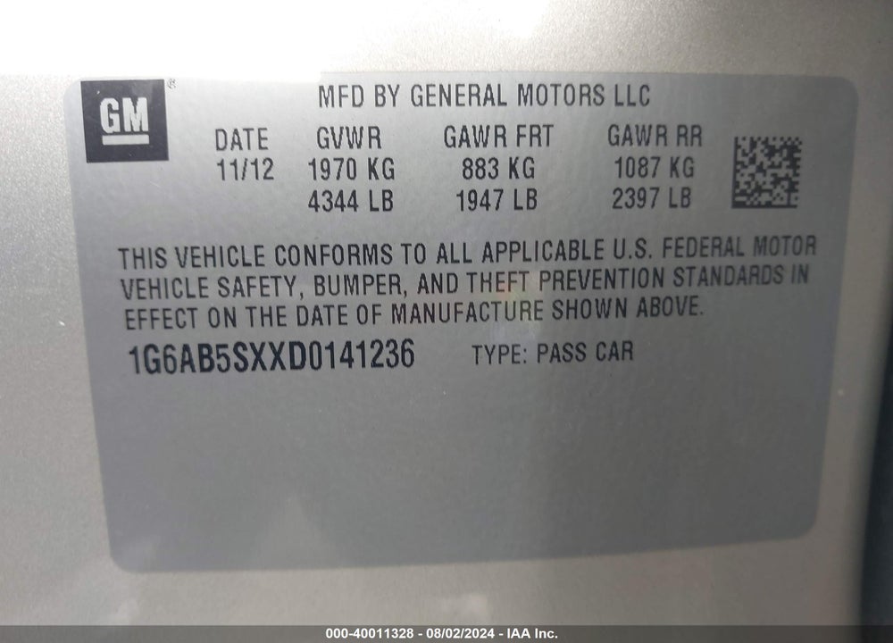 2013 CADILLAC ATS LUXURY VIN: 1G6AB5SXXD0141236