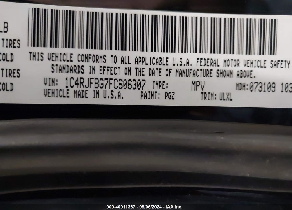 2015 JEEP GRAND CHEROKEE LIMITED VIN: 1C4RJFBG7FC606307